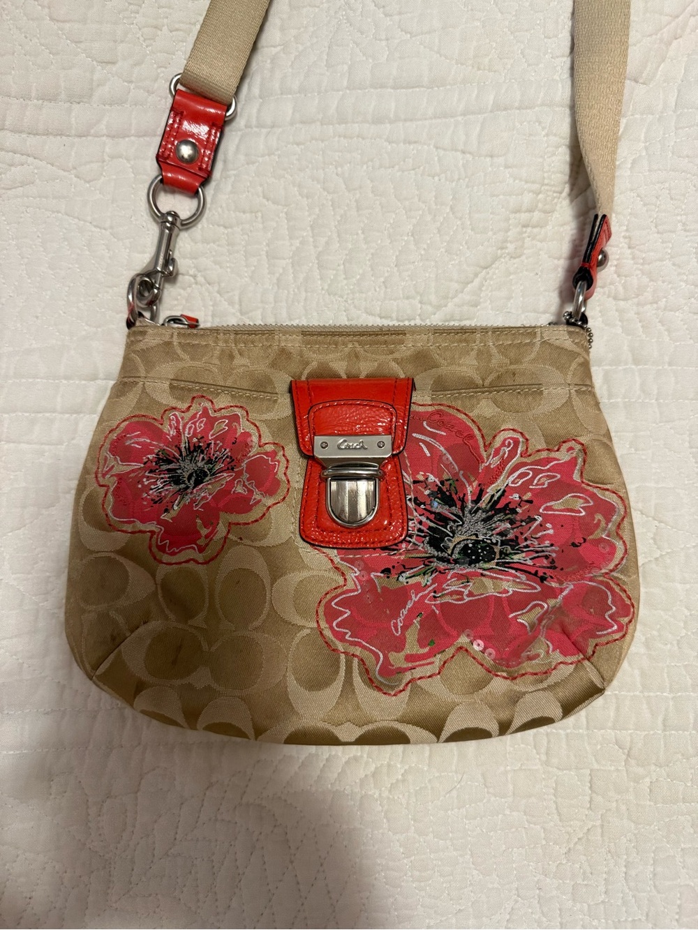 Coach Beige Signature Crossbody with Coral-Pink Floral Accents